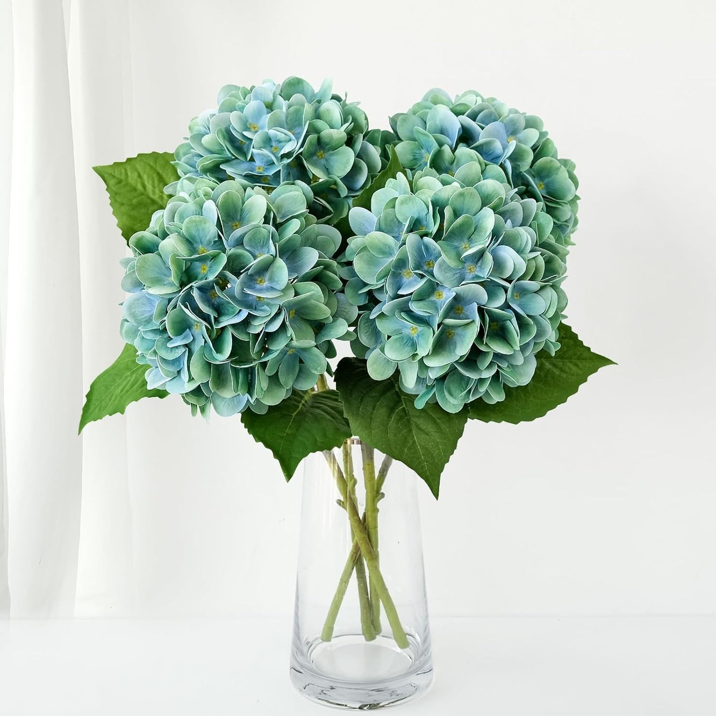 4PCS 19.6Inch Violet Blue Faux Hydrangea Artificial Flowers Silk Latex Realistic Full Large Hydrangeas Spring Long Stem Leaves Bouquet Plants for Tall Vase Table Garden Arrangements