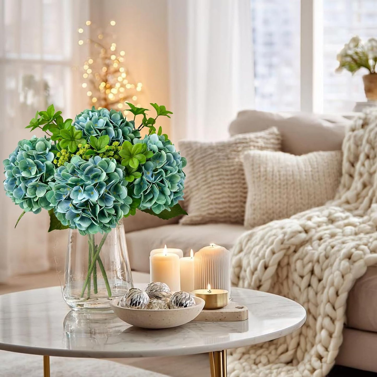 4PCS 19.6Inch Violet Blue Faux Hydrangea Artificial Flowers Silk Latex Realistic Full Large Hydrangeas Spring Long Stem Leaves Bouquet Plants for Tall Vase Table Garden Arrangements