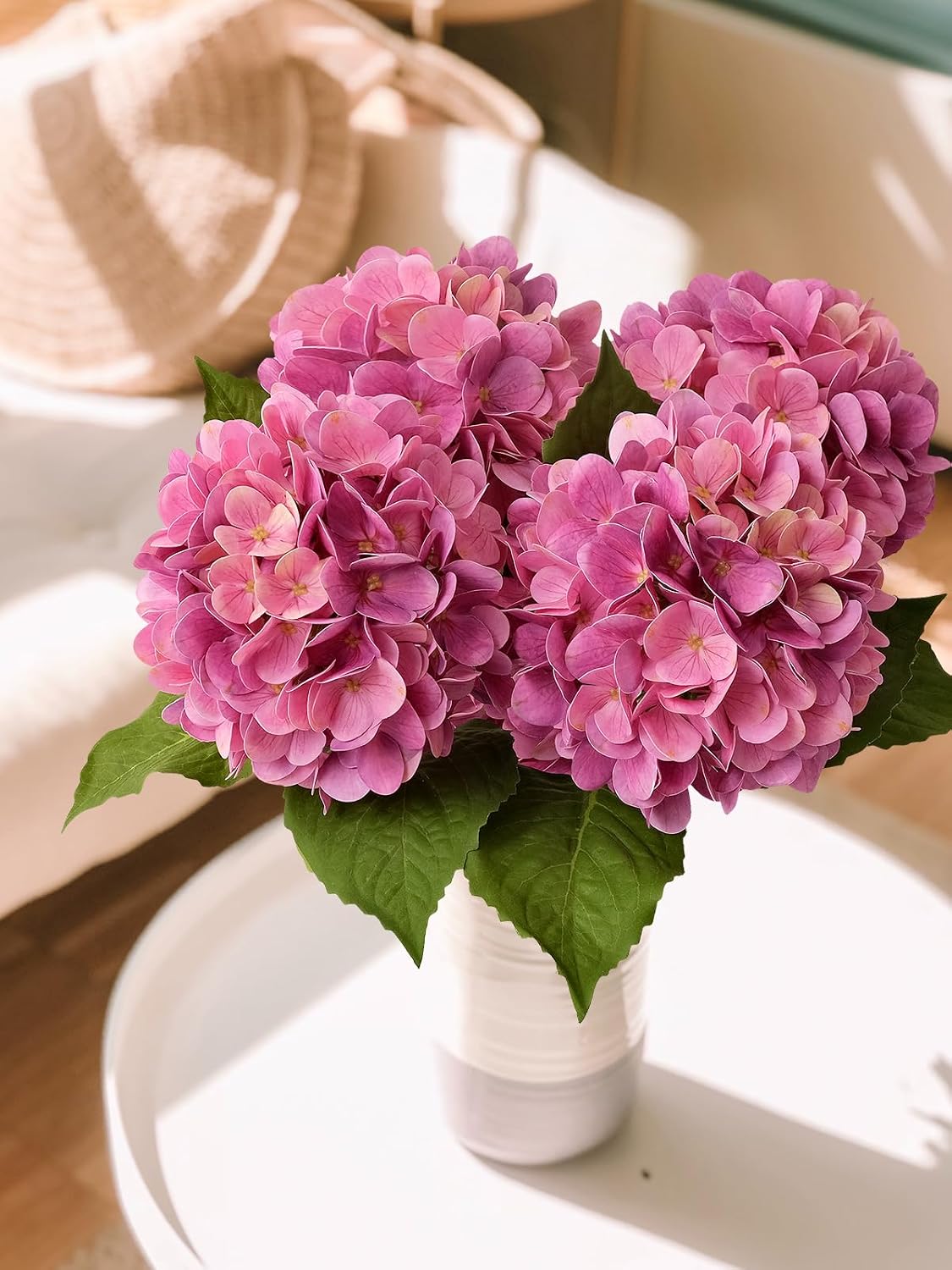 4PCS 19.6Inch Violet Blue Faux Hydrangea Artificial Flowers Silk Latex Realistic Full Large Hydrangeas Spring Long Stem Leaves Bouquet Plants for Tall Vase Table Garden Arrangements
