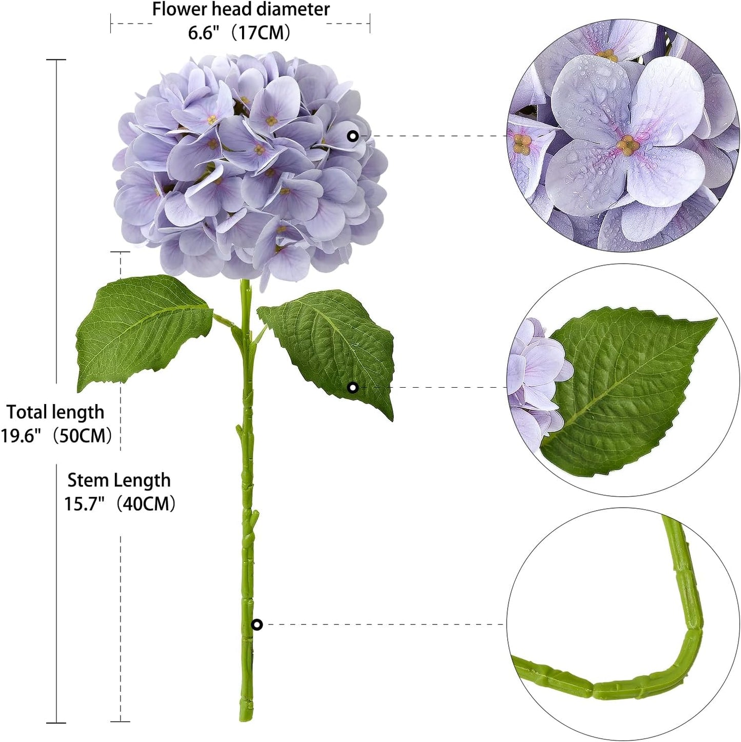 4PCS 19.6Inch Violet Blue Faux Hydrangea Artificial Flowers Silk Latex Realistic Full Large Hydrangeas Spring Long Stem Leaves Bouquet Plants for Tall Vase Table Garden Arrangements