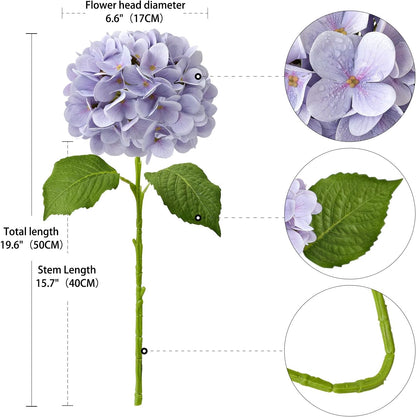4PCS 19.6Inch Violet Blue Faux Hydrangea Artificial Flowers Silk Latex Realistic Full Large Hydrangeas Spring Long Stem Leaves Bouquet Plants for Tall Vase Table Garden Arrangements