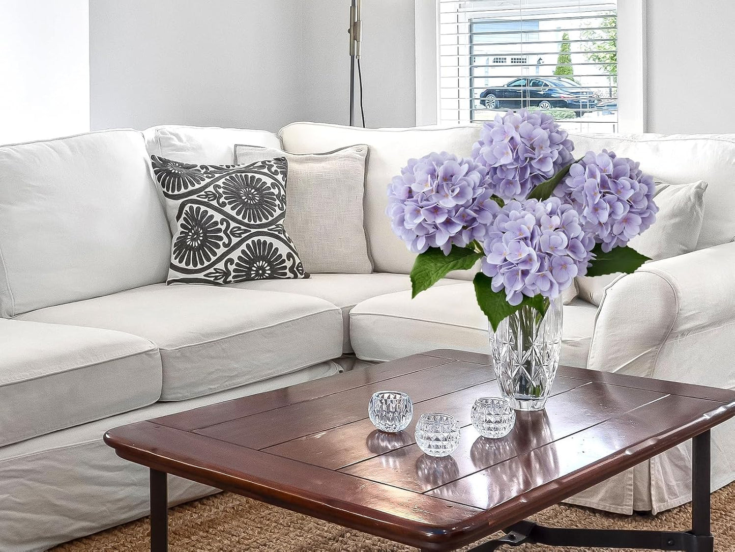 4PCS 19.6Inch Violet Blue Faux Hydrangea Artificial Flowers Silk Latex Realistic Full Large Hydrangeas Spring Long Stem Leaves Bouquet Plants for Tall Vase Table Garden Arrangements