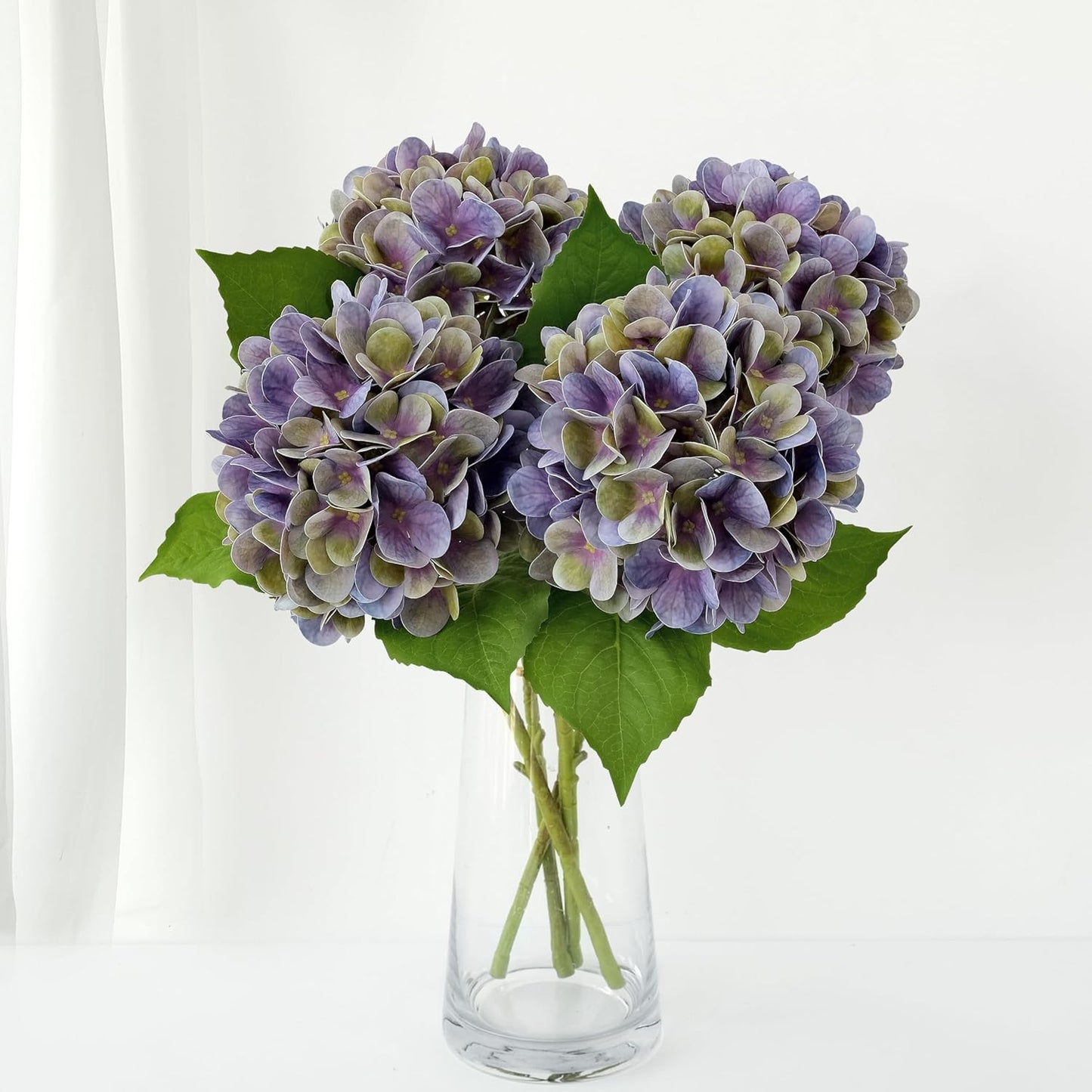 4PCS 19.6Inch Violet Blue Faux Hydrangea Artificial Flowers Silk Latex Realistic Full Large Hydrangeas Spring Long Stem Leaves Bouquet Plants for Tall Vase Table Garden Arrangements
