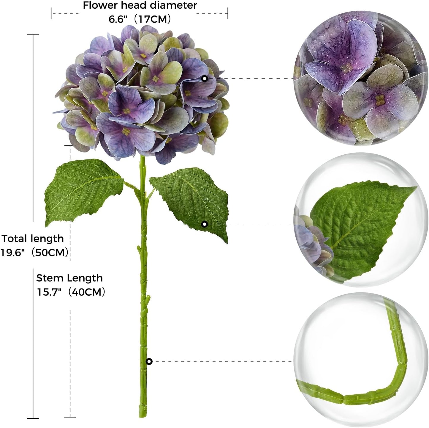 4PCS 19.6Inch Violet Blue Faux Hydrangea Artificial Flowers Silk Latex Realistic Full Large Hydrangeas Spring Long Stem Leaves Bouquet Plants for Tall Vase Table Garden Arrangements