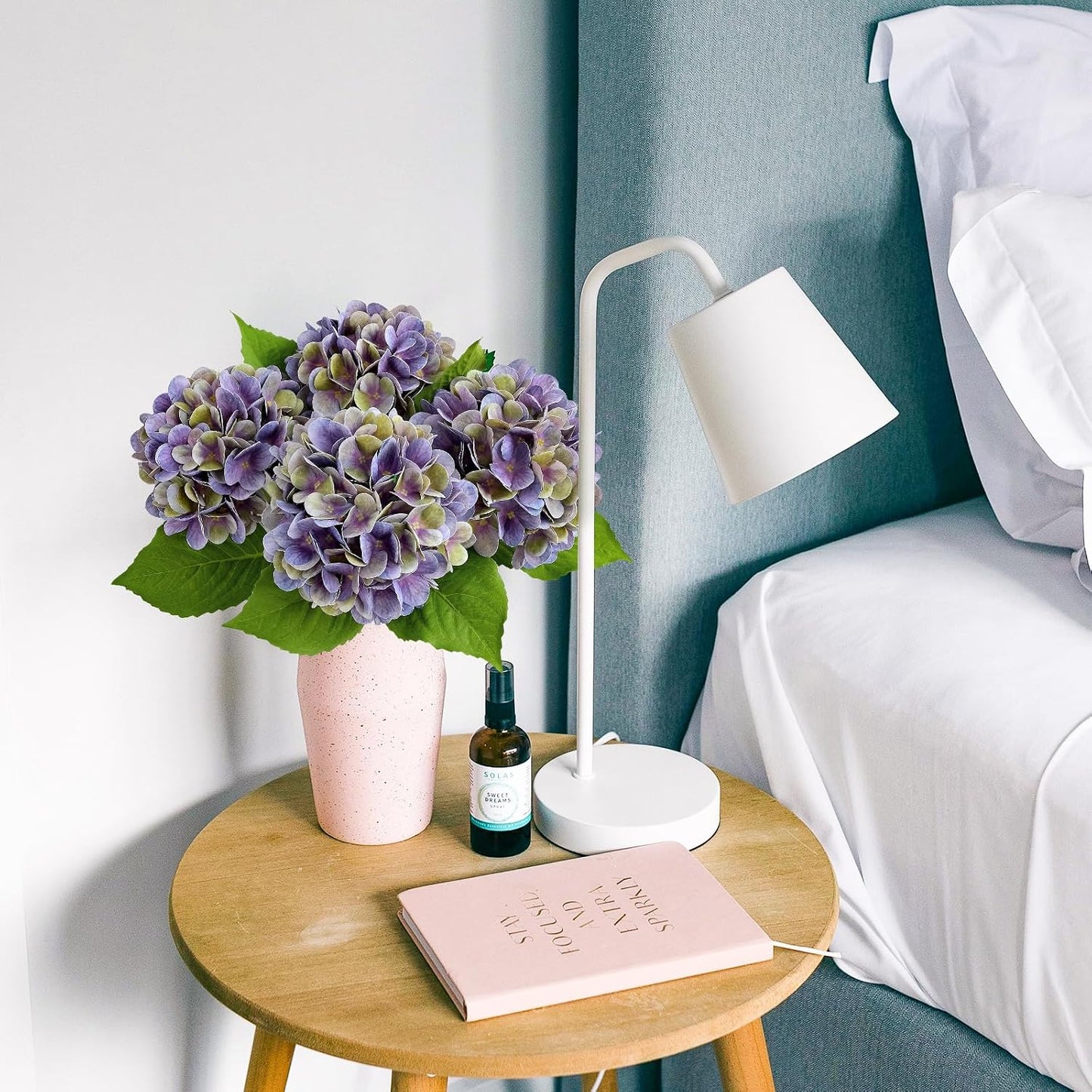 4PCS 19.6Inch Violet Blue Faux Hydrangea Artificial Flowers Silk Latex Realistic Full Large Hydrangeas Spring Long Stem Leaves Bouquet Plants for Tall Vase Table Garden Arrangements
