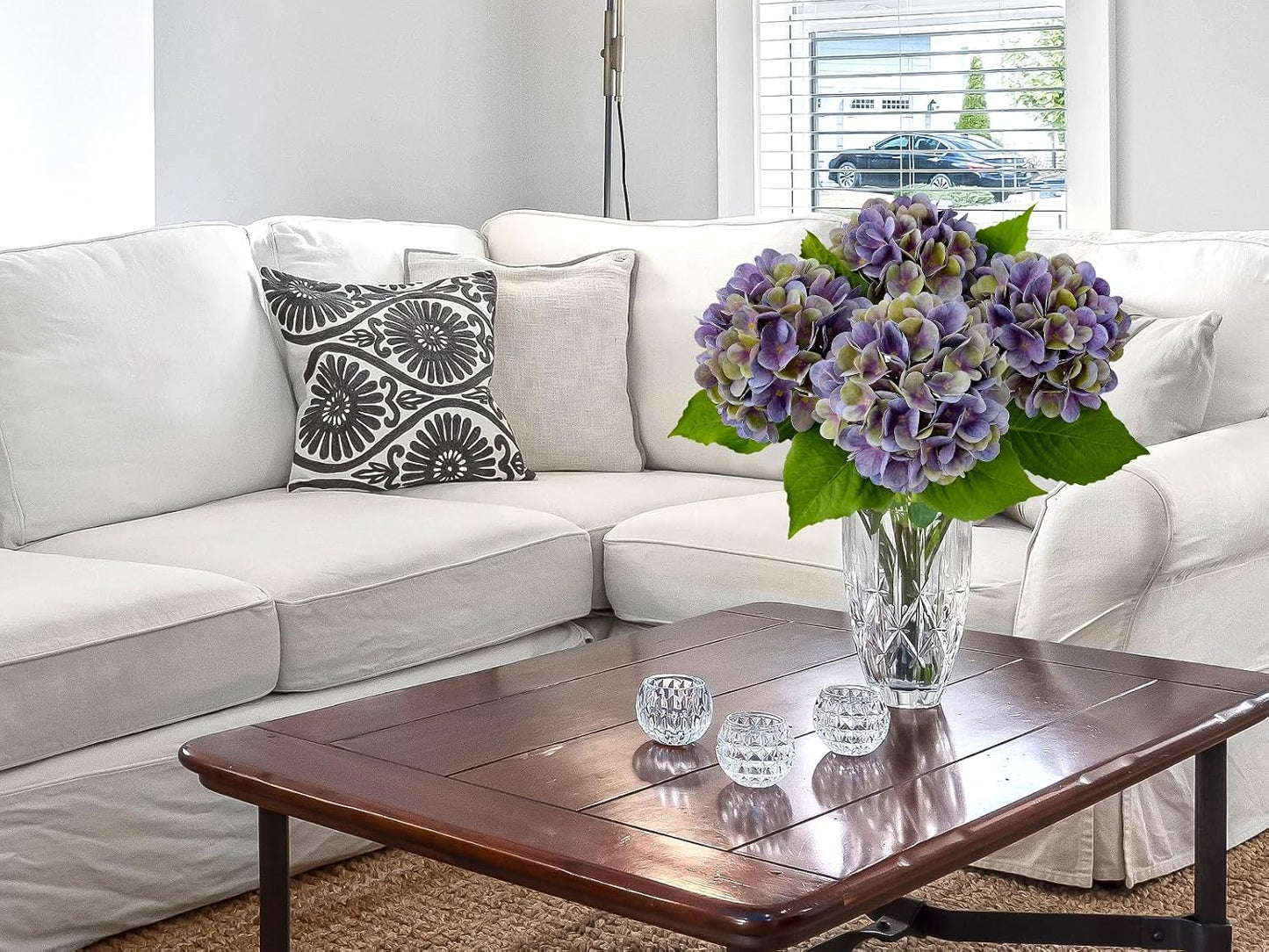 4PCS 19.6Inch Violet Blue Faux Hydrangea Artificial Flowers Silk Latex Realistic Full Large Hydrangeas Spring Long Stem Leaves Bouquet Plants for Tall Vase Table Garden Arrangements
