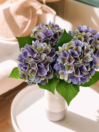 4PCS 19.6Inch Violet Blue Faux Hydrangea Artificial Flowers Silk Latex Realistic Full Large Hydrangeas Spring Long Stem Leaves Bouquet Plants for Tall Vase Table Garden Arrangements