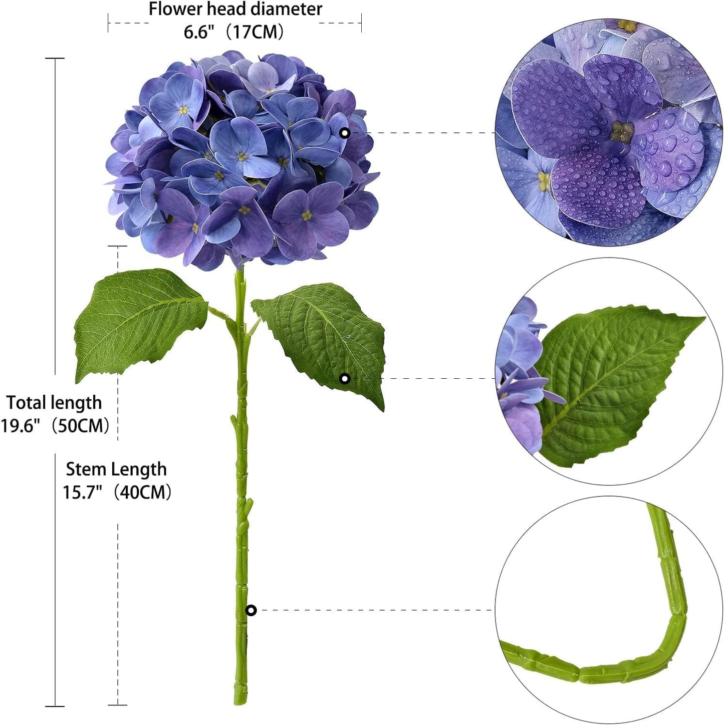 4PCS 19.6Inch Violet Blue Faux Hydrangea Artificial Flowers Silk Latex Realistic Full Large Hydrangeas Spring Long Stem Leaves Bouquet Plants for Tall Vase Table Garden Arrangements