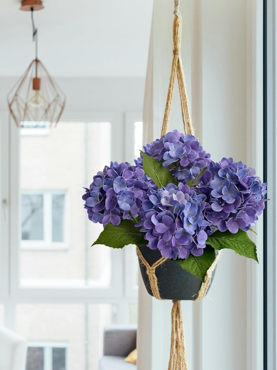 4PCS 19.6Inch Violet Blue Faux Hydrangea Artificial Flowers Silk Latex Realistic Full Large Hydrangeas Spring Long Stem Leaves Bouquet Plants for Tall Vase Table Garden Arrangements
