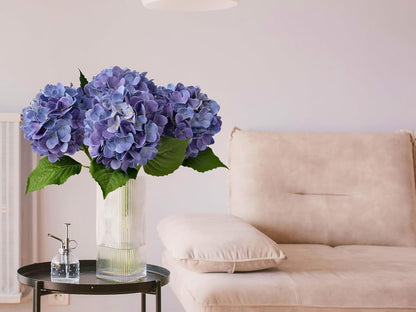 4PCS 19.6Inch Violet Blue Faux Hydrangea Artificial Flowers Silk Latex Realistic Full Large Hydrangeas Spring Long Stem Leaves Bouquet Plants for Tall Vase Table Garden Arrangements