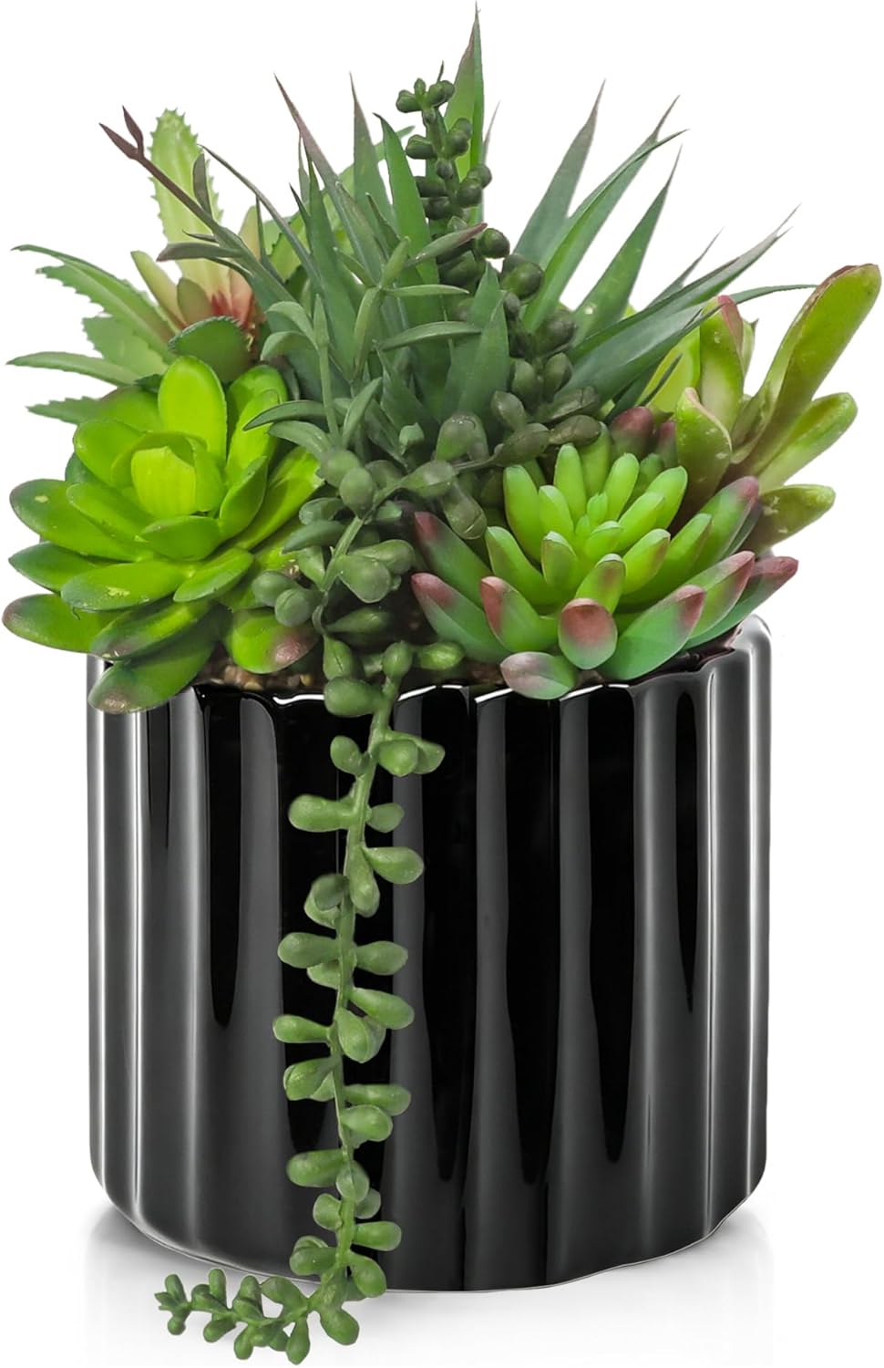8 Inch Fake Plants Artificial Succulent Plants，Black Ceramic Flower Pot，Assorted Faux Mini Succulents in a Decorative Planter Pot.
