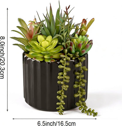 8 Inch Fake Plants Artificial Succulent Plants，Black Ceramic Flower Pot，Assorted Faux Mini Succulents in a Decorative Planter Pot.