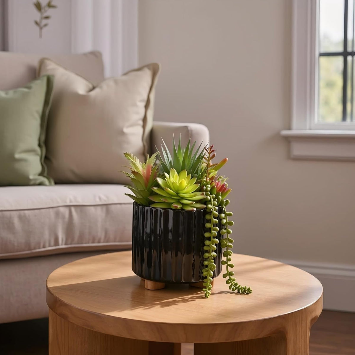 8 Inch Fake Plants Artificial Succulent Plants，Black Ceramic Flower Pot，Assorted Faux Mini Succulents in a Decorative Planter Pot.