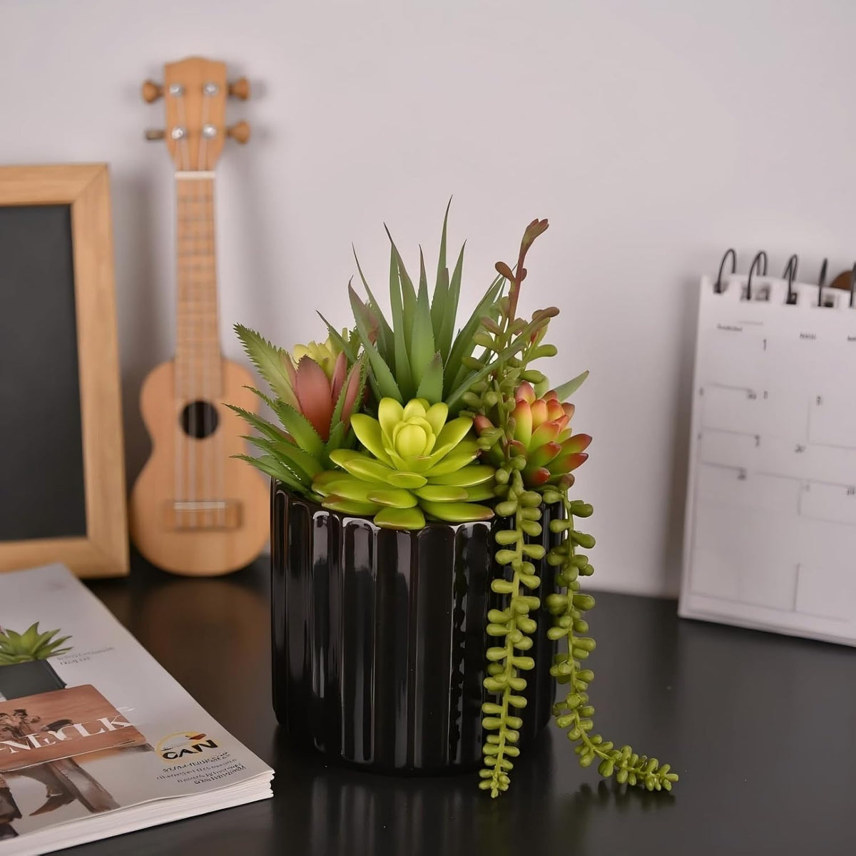 8 Inch Fake Plants Artificial Succulent Plants，Black Ceramic Flower Pot，Assorted Faux Mini Succulents in a Decorative Planter Pot.