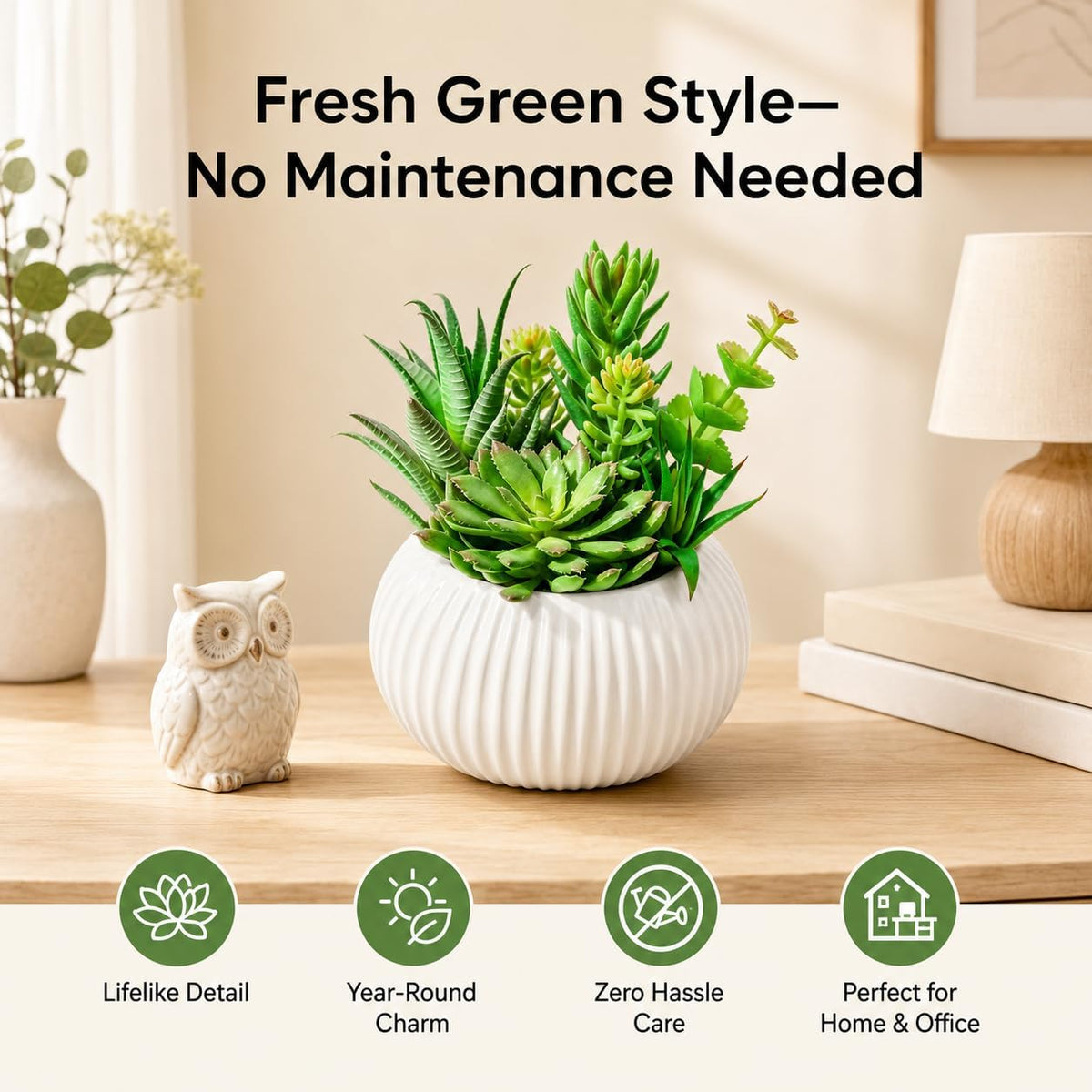 8 Inch Fake Plants Artificial Succulent Plants，Black Ceramic Flower Pot，Assorted Faux Mini Succulents in a Decorative Planter Pot.