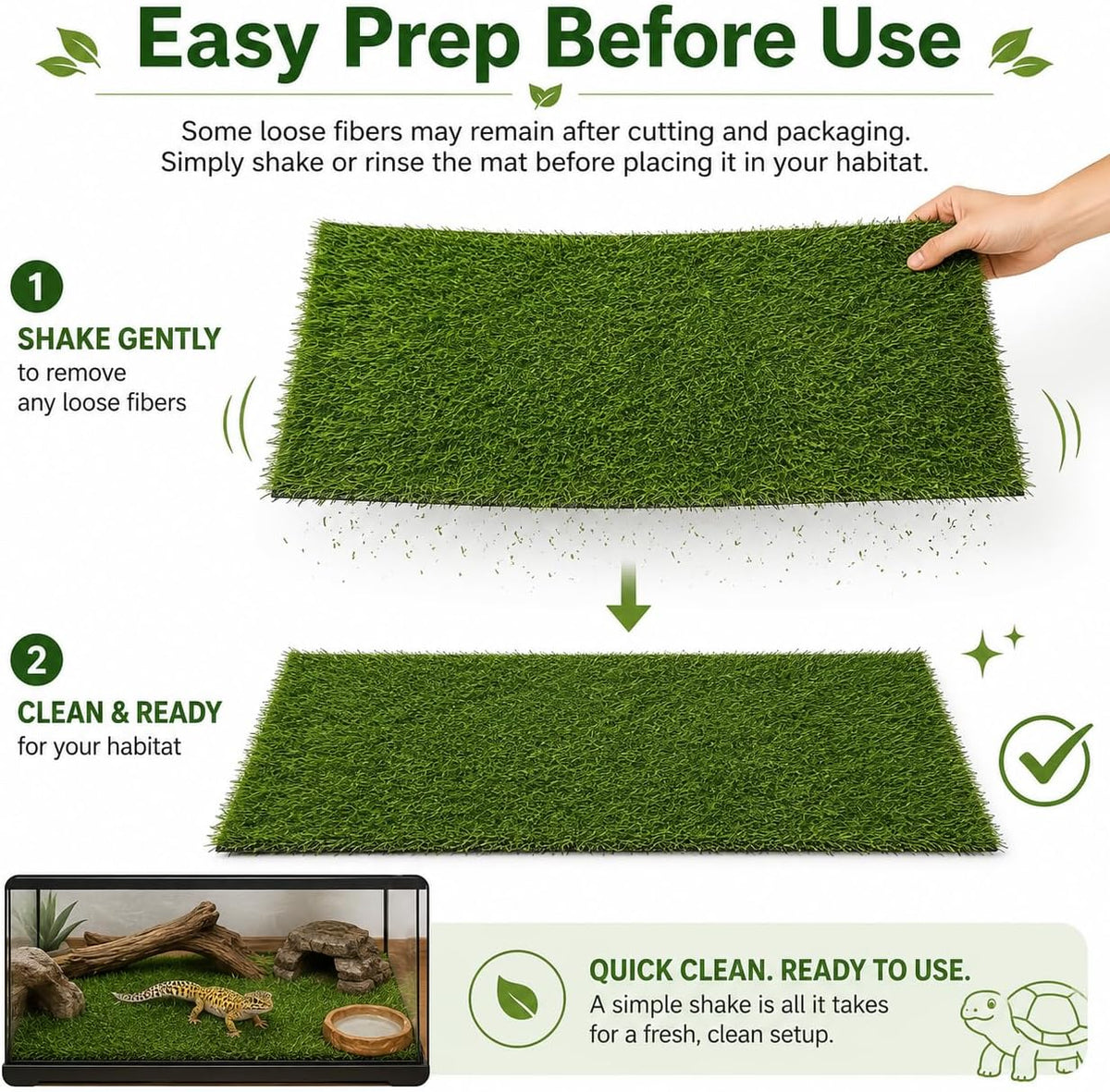 Artificial Grass Mat for Reptile Habitats, 23.6 x 12.6 in Replacement Grass Pad for Turtle Basking Platforms, Terrariums, Turtle Tanks, Lizards, Geckos and Snakes