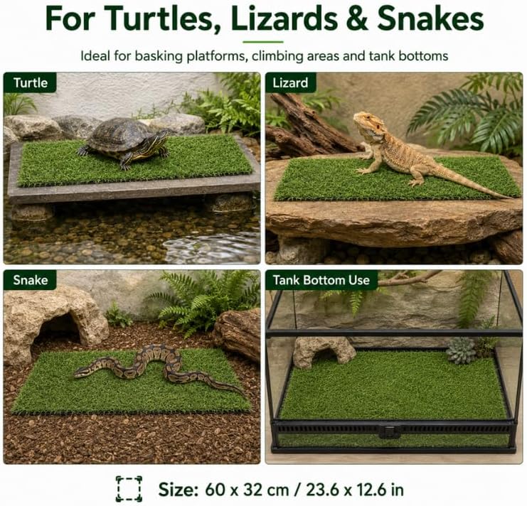 Artificial Grass Mat for Reptile Habitats, 23.6 x 12.6 in Replacement Grass Pad for Turtle Basking Platforms, Terrariums, Turtle Tanks, Lizards, Geckos and Snakes