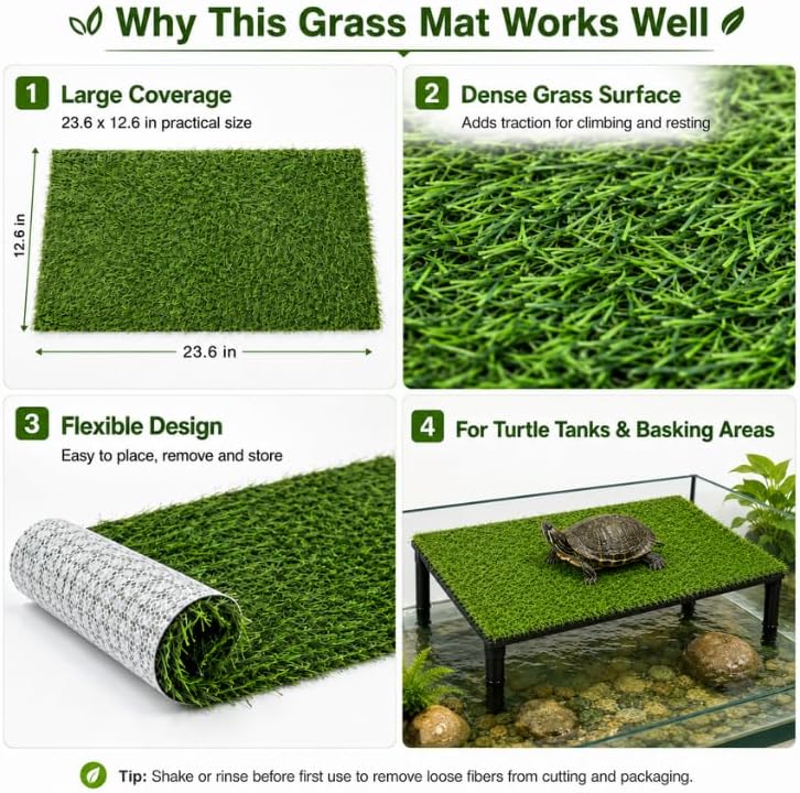 Artificial Grass Mat for Reptile Habitats, 23.6 x 12.6 in Replacement Grass Pad for Turtle Basking Platforms, Terrariums, Turtle Tanks, Lizards, Geckos and Snakes