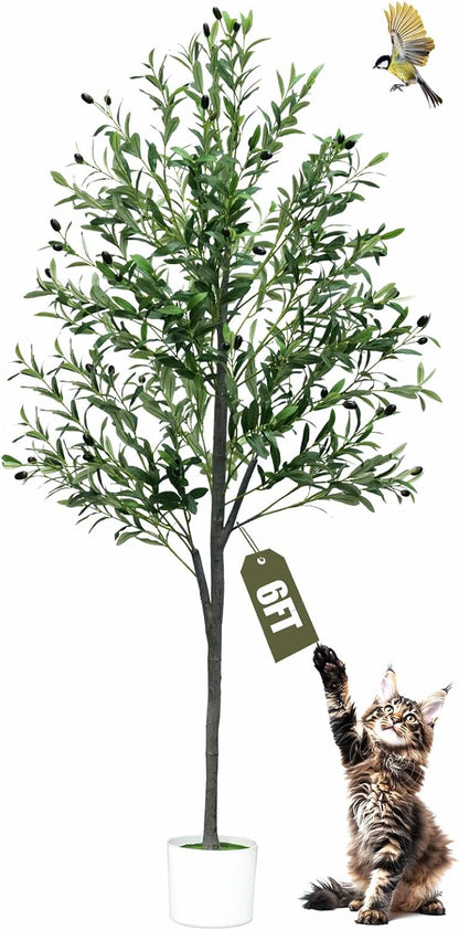 6FT Artificial Olive Tree,Artificial Plants Indoor,Faux Olive Tree Indoor with Natural Wood Trunk and Realistic Leaves and Fruits for Home Office Decor
