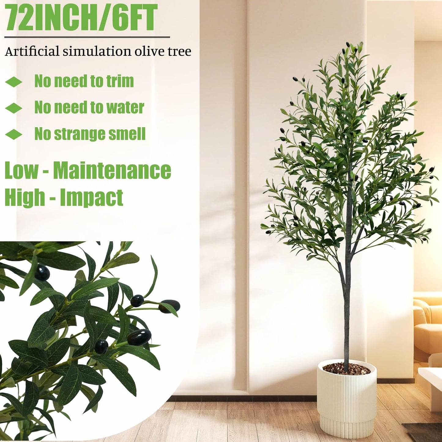 6FT Artificial Olive Tree,Artificial Plants Indoor,Faux Olive Tree Indoor with Natural Wood Trunk and Realistic Leaves and Fruits for Home Office Decor