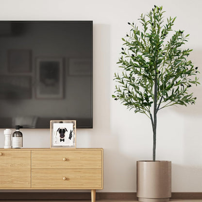6FT Artificial Olive Tree,Artificial Plants Indoor,Faux Olive Tree Indoor with Natural Wood Trunk and Realistic Leaves and Fruits for Home Office Decor