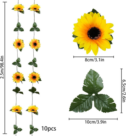 3 Pack Artificial Sunflower Garland, 7.5ft/Strand Silk Sunflowers Hanging Vines Flowers with Green Leaves for Room Kitchen Garden Birthday Wedding Baby Shower Party Table Decor Large