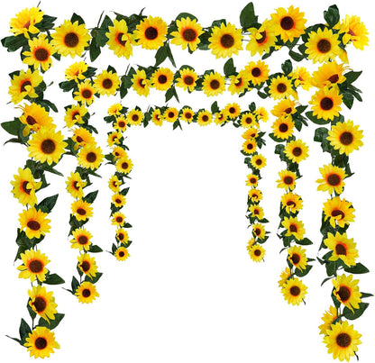 3 Pack Artificial Sunflower Garland, 7.5ft/Strand Silk Sunflowers Hanging Vines Flowers with Green Leaves for Room Kitchen Garden Birthday Wedding Baby Shower Party Table Decor Large