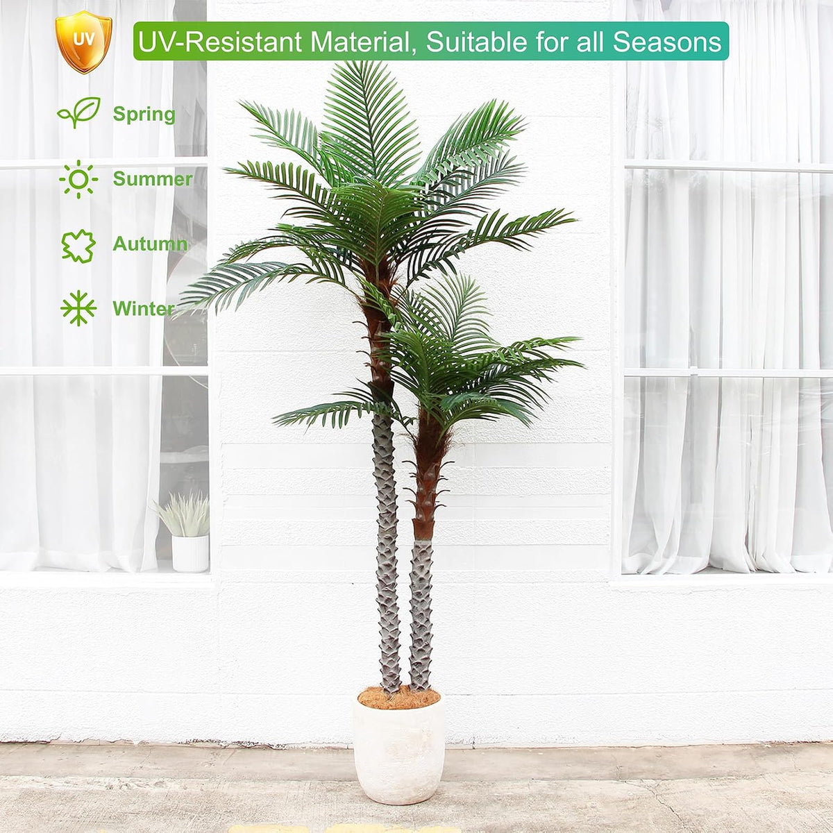 8ft Tall UV Resistant Faux Palm Tree, 96in Artificial Palm Tree Indoor Outdoor, Fake Tree with Real Bark and Realistic Leaves and for Home House Office Living Room Yard Patio.
