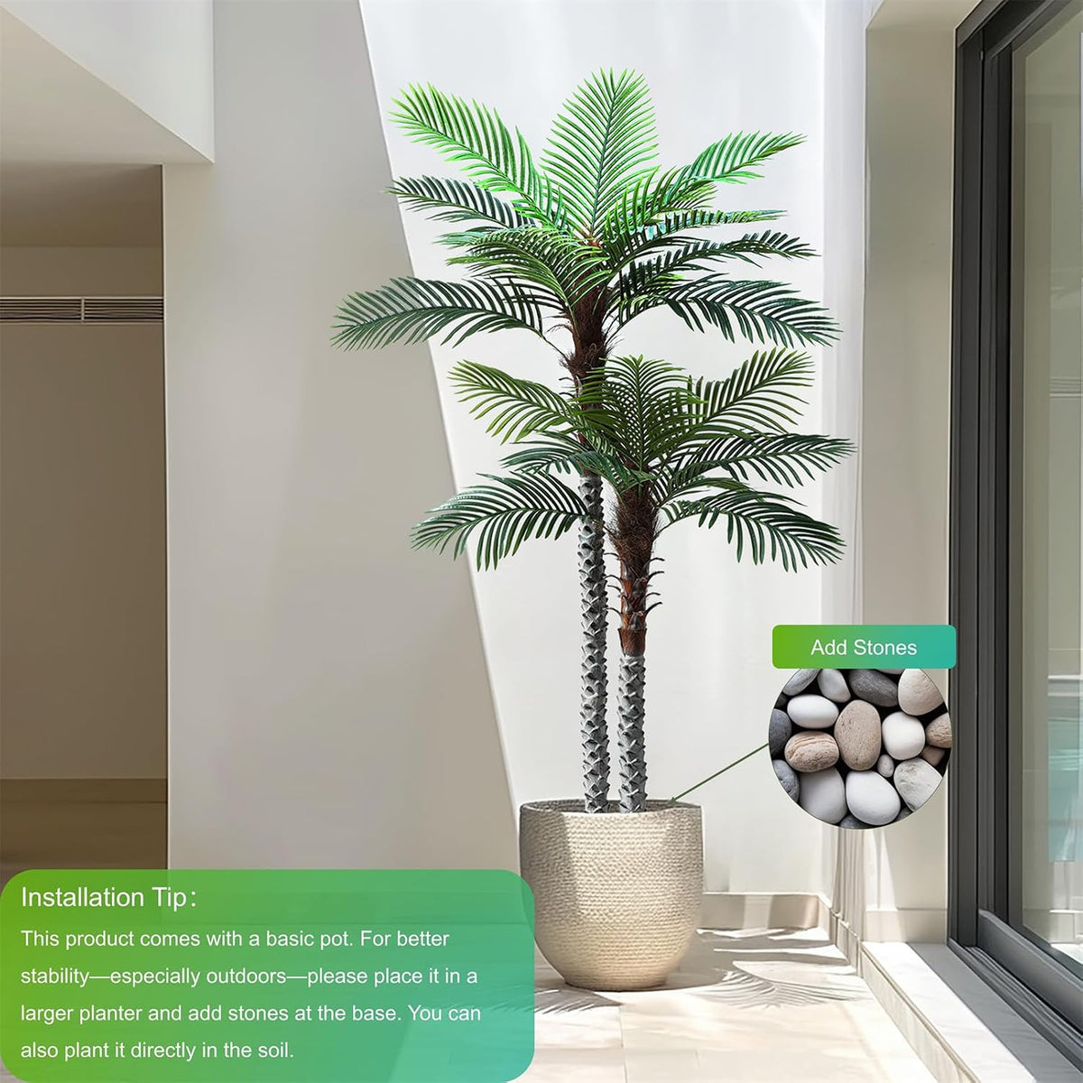 8ft Tall UV Resistant Faux Palm Tree, 96in Artificial Palm Tree Indoor Outdoor, Fake Tree with Real Bark and Realistic Leaves and for Home House Office Living Room Yard Patio.