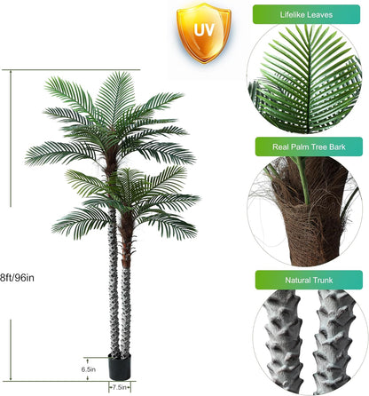 8ft Tall UV Resistant Faux Palm Tree, 96in Artificial Palm Tree Indoor Outdoor, Fake Tree with Real Bark and Realistic Leaves and for Home House Office Living Room Yard Patio.