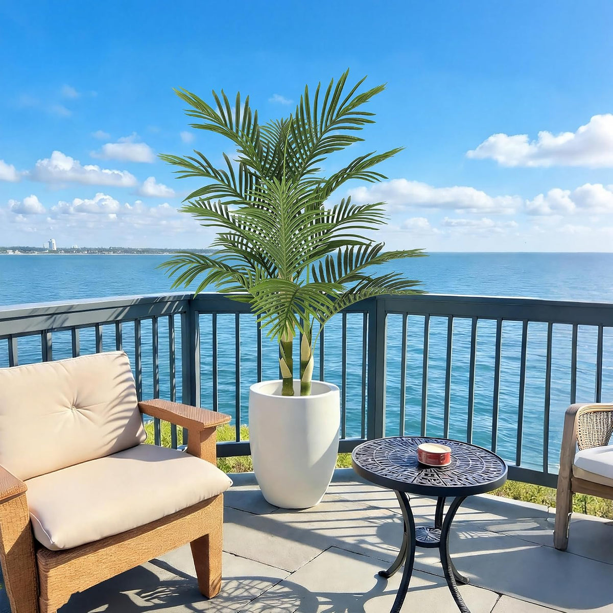 8ft Tall UV Resistant Faux Palm Tree, 96in Artificial Palm Tree Indoor Outdoor, Fake Tree with Real Bark and Realistic Leaves and for Home House Office Living Room Yard Patio.