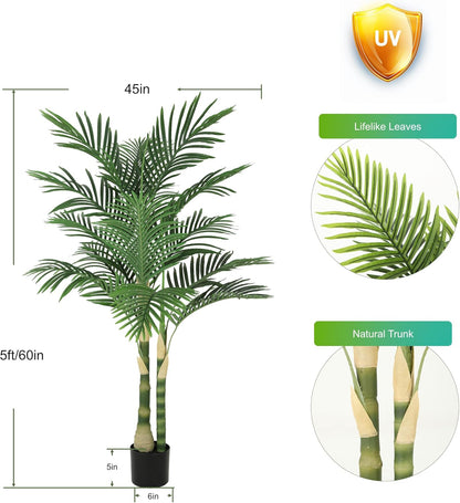 8ft Tall UV Resistant Faux Palm Tree, 96in Artificial Palm Tree Indoor Outdoor, Fake Tree with Real Bark and Realistic Leaves and for Home House Office Living Room Yard Patio.