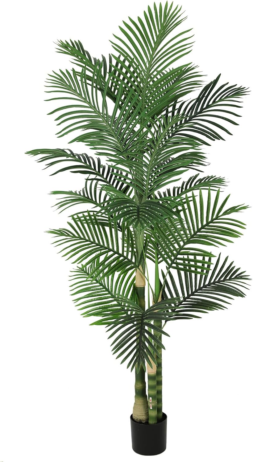 8ft Tall UV Resistant Faux Palm Tree, 96in Artificial Palm Tree Indoor Outdoor, Fake Tree with Real Bark and Realistic Leaves and for Home House Office Living Room Yard Patio.