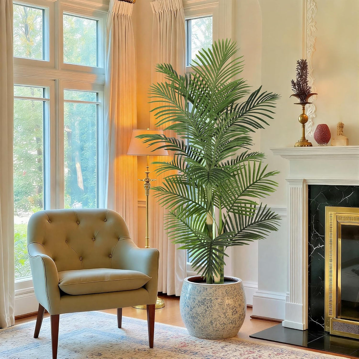 8ft Tall UV Resistant Faux Palm Tree, 96in Artificial Palm Tree Indoor Outdoor, Fake Tree with Real Bark and Realistic Leaves and for Home House Office Living Room Yard Patio.