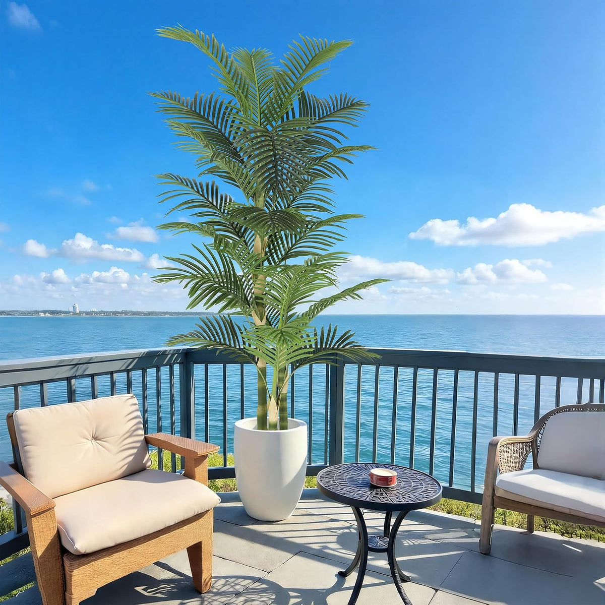 8ft Tall UV Resistant Faux Palm Tree, 96in Artificial Palm Tree Indoor Outdoor, Fake Tree with Real Bark and Realistic Leaves and for Home House Office Living Room Yard Patio.