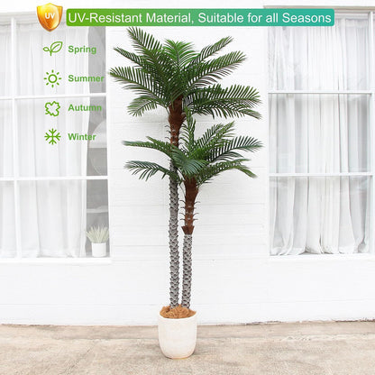 8ft Tall UV Resistant Faux Palm Tree, 96in Artificial Palm Tree Indoor Outdoor, Fake Tree with Real Bark and Realistic Leaves and for Home House Office Living Room Yard Patio.