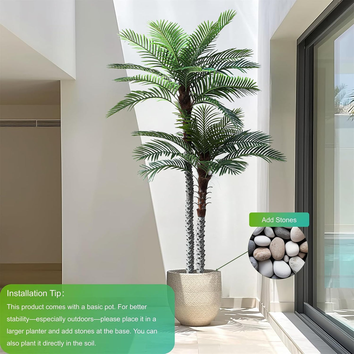 8ft Tall UV Resistant Faux Palm Tree, 96in Artificial Palm Tree Indoor Outdoor, Fake Tree with Real Bark and Realistic Leaves and for Home House Office Living Room Yard Patio.