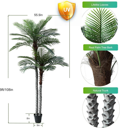 8ft Tall UV Resistant Faux Palm Tree, 96in Artificial Palm Tree Indoor Outdoor, Fake Tree with Real Bark and Realistic Leaves and for Home House Office Living Room Yard Patio.