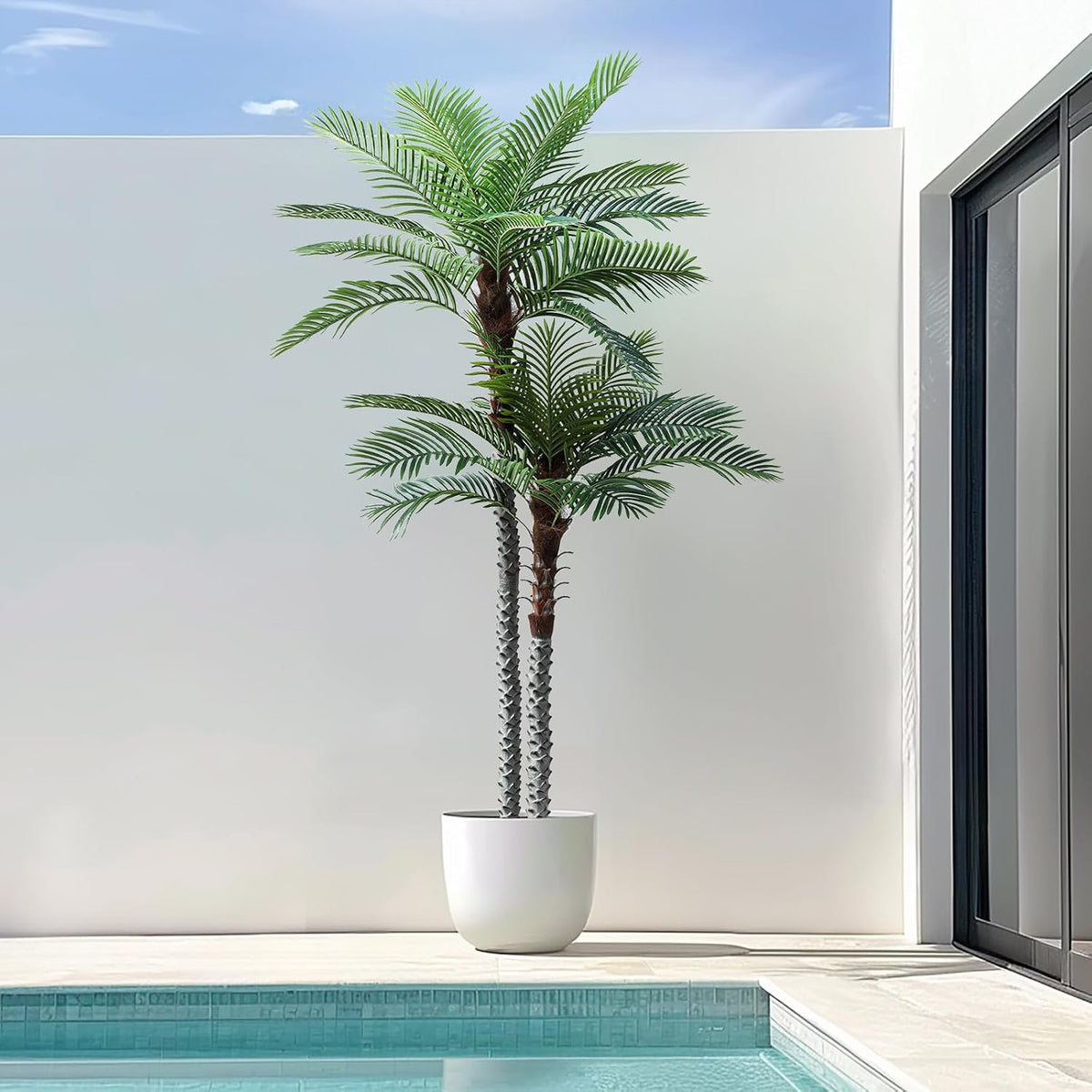 8ft Tall UV Resistant Faux Palm Tree, 96in Artificial Palm Tree Indoor Outdoor, Fake Tree with Real Bark and Realistic Leaves and for Home House Office Living Room Yard Patio.