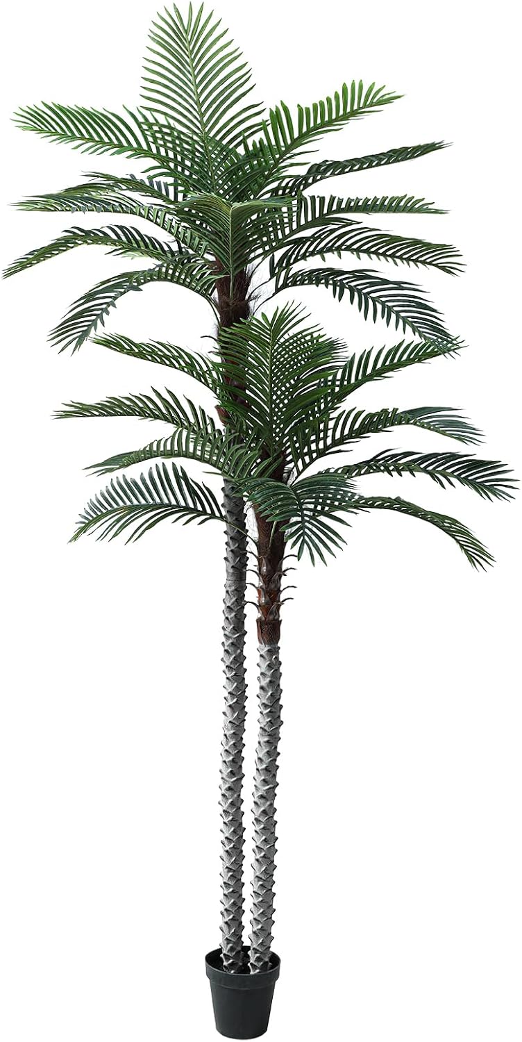 8ft Tall UV Resistant Faux Palm Tree, 96in Artificial Palm Tree Indoor Outdoor, Fake Tree with Real Bark and Realistic Leaves and for Home House Office Living Room Yard Patio.