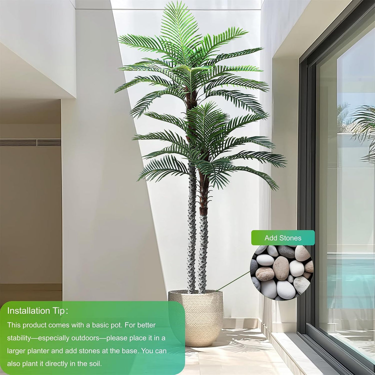 8ft Tall UV Resistant Faux Palm Tree, 96in Artificial Palm Tree Indoor Outdoor, Fake Tree with Real Bark and Realistic Leaves and for Home House Office Living Room Yard Patio.
