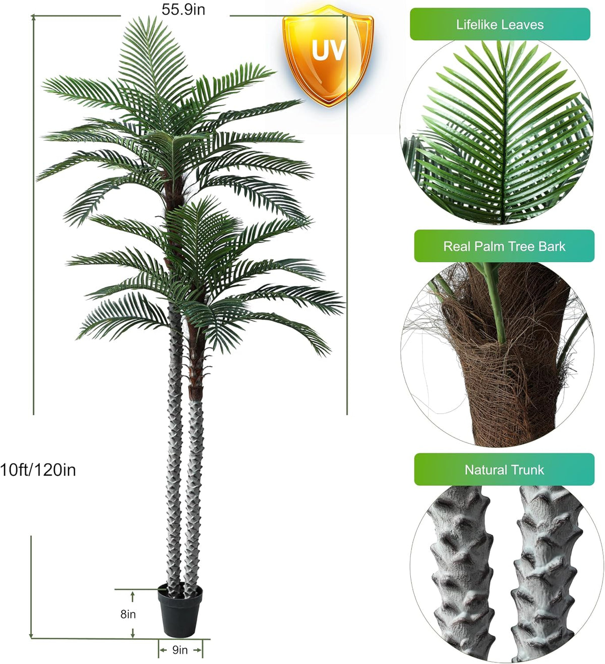 8ft Tall UV Resistant Faux Palm Tree, 96in Artificial Palm Tree Indoor Outdoor, Fake Tree with Real Bark and Realistic Leaves and for Home House Office Living Room Yard Patio.