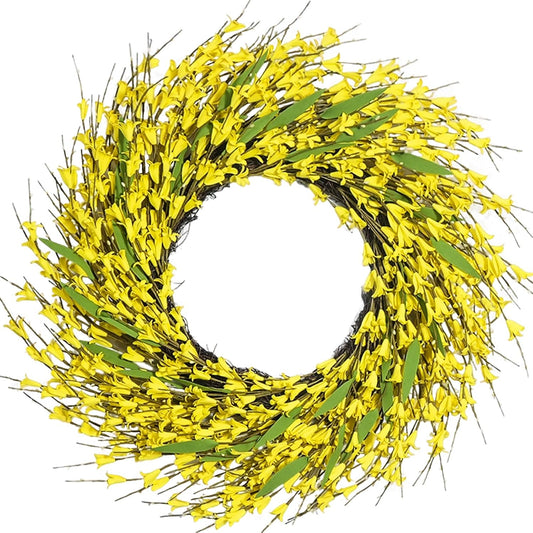 22 Inch Spring Yellow Forsythia Leaf Wreath, for Front Door Window Porch Living Room Mantel Farmhouse Spring Home Decor Gift