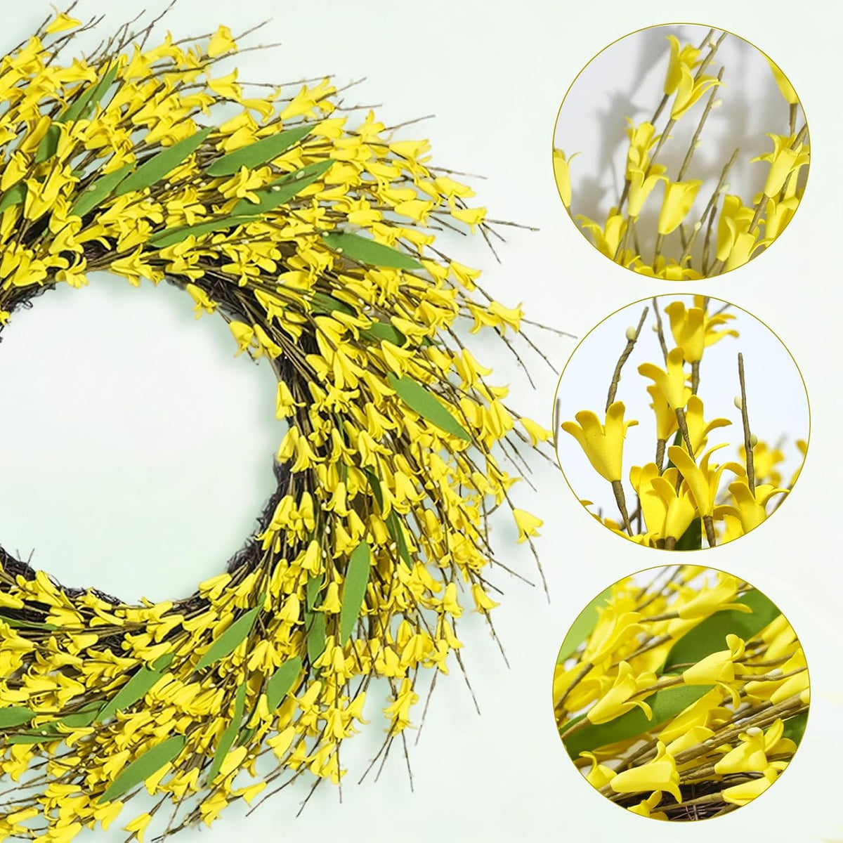 22 Inch Spring Yellow Forsythia Leaf Wreath, for Front Door Window Porch Living Room Mantel Farmhouse Spring Home Decor Gift