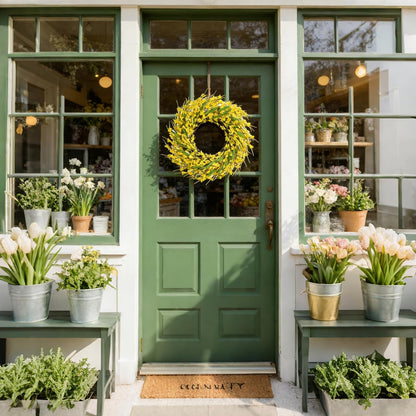 22 Inch Spring Yellow Forsythia Leaf Wreath, for Front Door Window Porch Living Room Mantel Farmhouse Spring Home Decor Gift