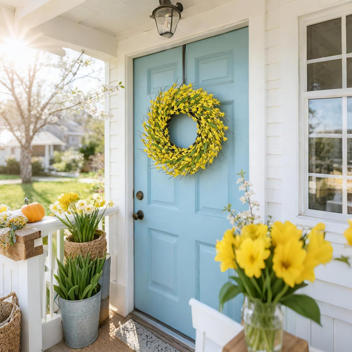 22 Inch Spring Yellow Forsythia Leaf Wreath, for Front Door Window Porch Living Room Mantel Farmhouse Spring Home Decor Gift