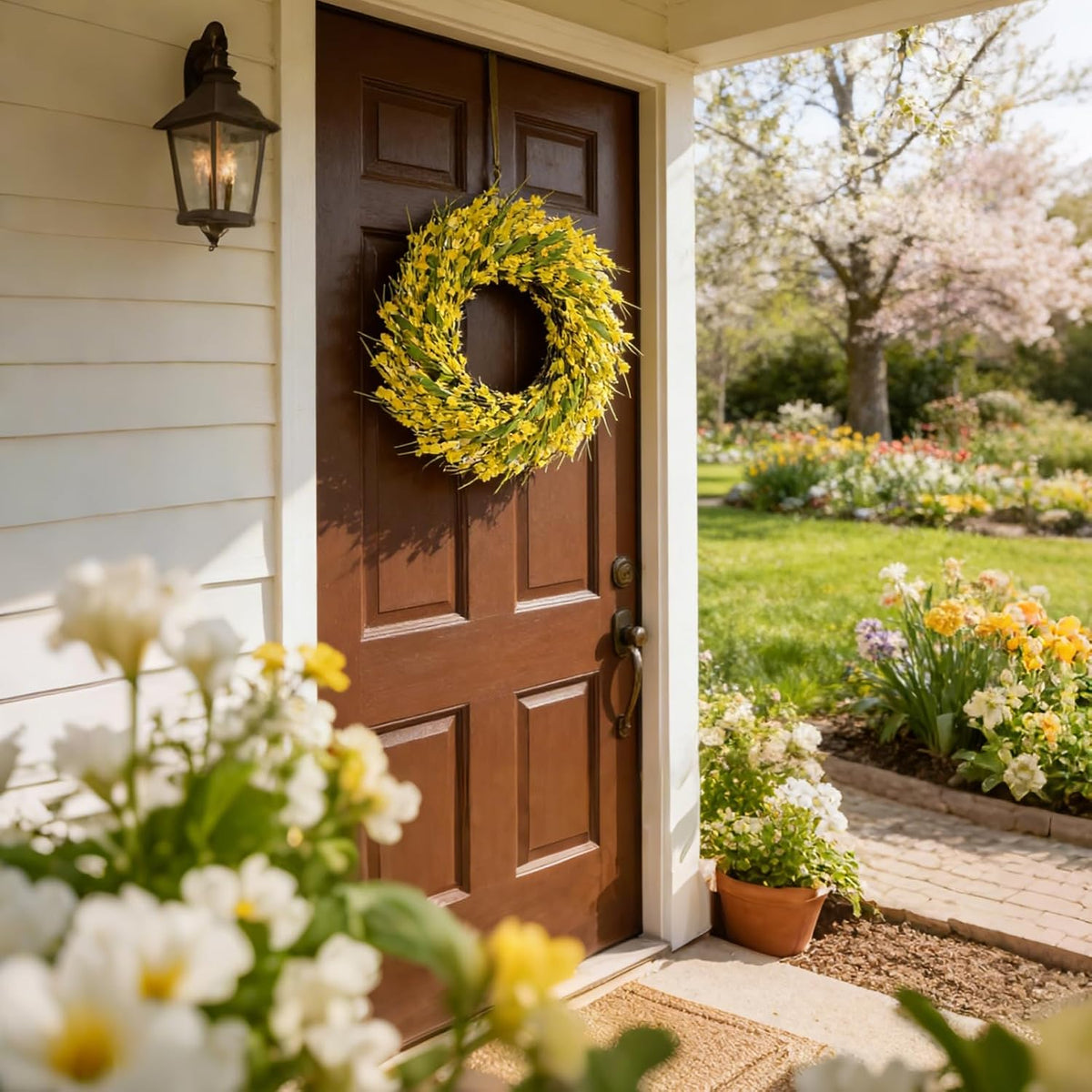 22 Inch Spring Yellow Forsythia Leaf Wreath, for Front Door Window Porch Living Room Mantel Farmhouse Spring Home Decor Gift