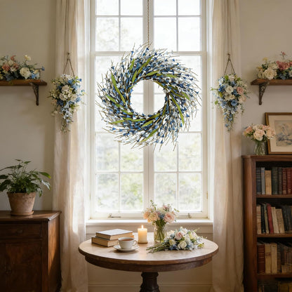 22 Inch Spring Yellow Forsythia Leaf Wreath, for Front Door Window Porch Living Room Mantel Farmhouse Spring Home Decor Gift