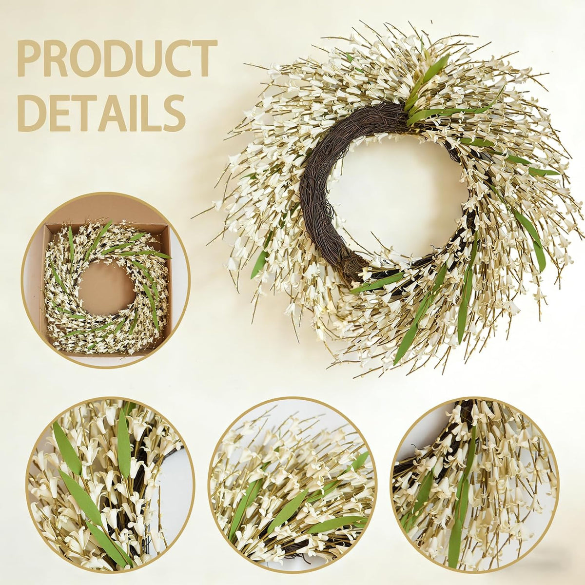 22 Inch Spring Yellow Forsythia Leaf Wreath, for Front Door Window Porch Living Room Mantel Farmhouse Spring Home Decor Gift