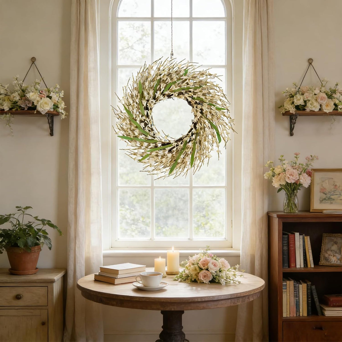 22 Inch Spring Yellow Forsythia Leaf Wreath, for Front Door Window Porch Living Room Mantel Farmhouse Spring Home Decor Gift